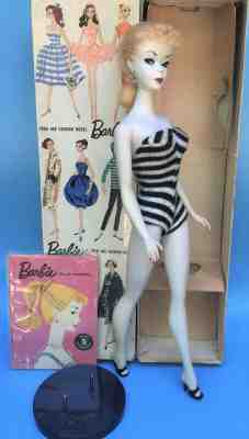 Vintage #1 Blonde Ponytail Barbie Doll with tubes in the feet TM Box & Booklet