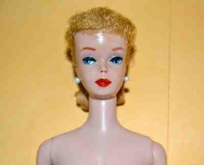 1960's Vintage Barbie CURLY BANG BLONDE PONYTAIL DOLL with red lips- NO GREEN