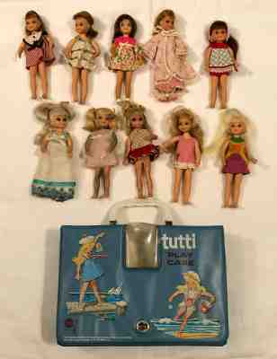 Lot of Vintage Barbie Little Sister Tutti Dolls with Blue Vinyl Play Case 1965