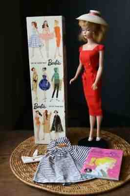 Vintage PONYTAIL BARBIE DOLL 986 w/ Box, Pedestal Stand, & Two Outfits 1960s