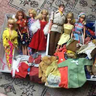 Vintage 1968 Mattel Barbie Doll Trunk Case With Dolls, Clothes And Accessories