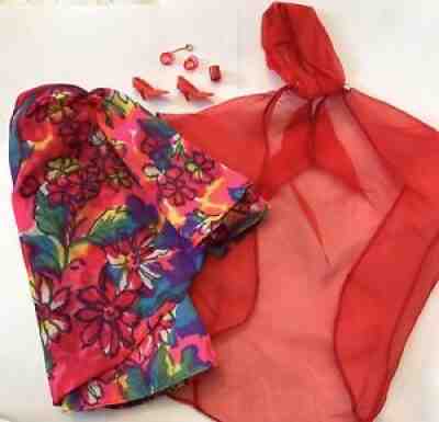 Vintage Barbie 1696 Floating Gardens Original Dress Cape Earring Red Heels