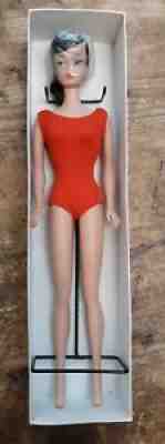 Vintage Barbie Brunette Ponytail #850 Cello Original Box Pedestal Red Swimsuit