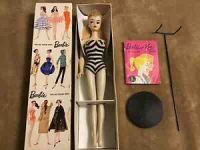 PRETTY #3 BLONDE PONYTAIL BARBIE W/ #2 BODY W/NIPPLES?, TM STAND, R BOX