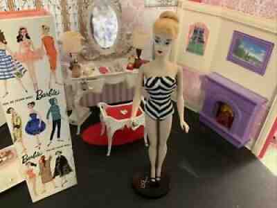 Vintage #3 Blonde Barbie With T.m. Pedestal Stand, Box & More