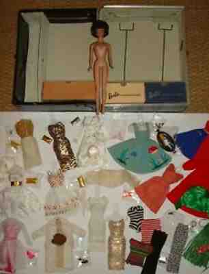 Vintage Barbie Brunette Bubble Cut Doll, Double Case, and Clothes Lot