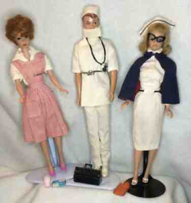 Vintage 1960s Dr Allan, Registered Nurse Midge & Candy Striper Barbie 3 doll lot