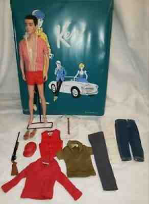 1961 BRUNETTE FLOCKED HAIR KEN DOLL barbie cloths gun sandle jeans case hangers