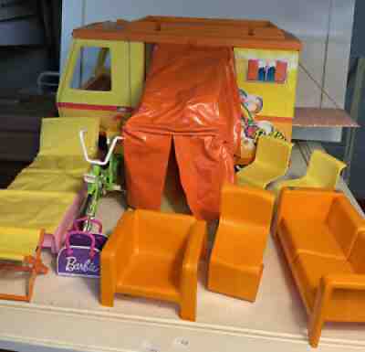 Vintage 1970 Mattel Barbie Country Camper play set w/chairs & Bike Couch Etc