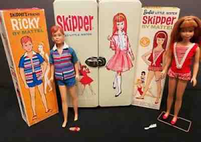 Vintage Skipper Redhead Doll 950 w/Box+ Ricky Doll w/Box & Beige Skipper Case