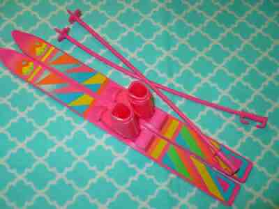 Mattel Barbie Doll Shoes ~ VINTAGE PINK SKIS BOOTS and POLES ~ 1990s Ski Chalet