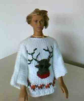 Barbie Doll Hand Knitted cream Christmas Reindeer Jumper for Ken