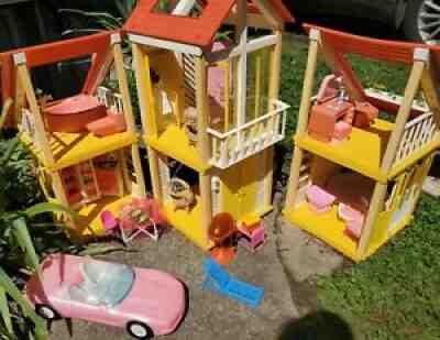 HUGE LOT Vintage Barbie Mattel 1979 A-Frame Yellow Dream House