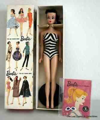 1959 Brunette #1 Barbie doll, all original with TM box & stand! Full of color!