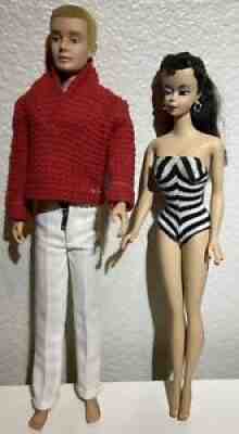 1959-60s #1 Original Brunette Barbie and Ken Doll with Accessories.