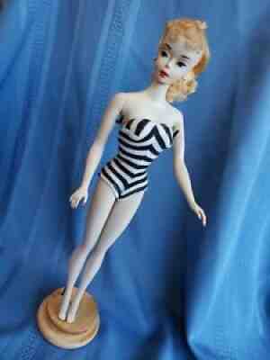 Vtg No. 3 blonde ponytail Barbie doll brown eye shadow w/ stand and clothing