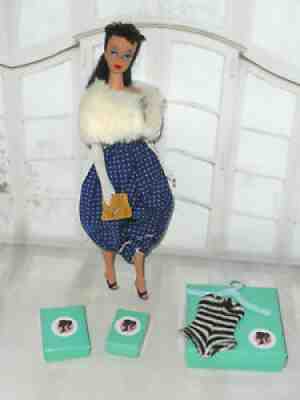 Vintage #4 PONYTAIL BARBIE GAY PARISIENNE #964 DRESS WHITE FUR NAVY SHOES PURSE