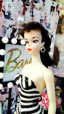 RESERVED FOR KATE Vintage Barbie Ponytail brunette #1, TM box, orig 1959 stand