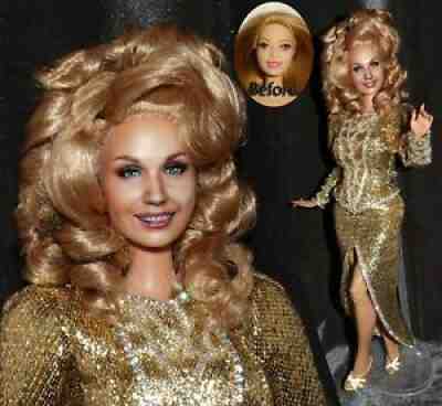 Dolly Parton Barbie Doll Celebrity Handmade gold dress repaint OOAK by Olia