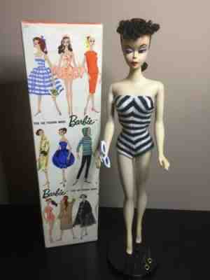 VINTAGE #1 BARBIE DOLL BRUNETTE PONYTAIL WITH BOX, GLASSES, REPRO STAND, SHOES