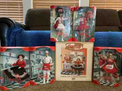 Barbie Coca-Cola Soda Fountain Set. Includes 4 Barbies And 1 Ken Doll.