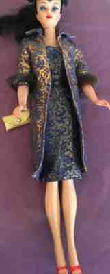 Vintage Barbie Navy Blue Gold Lame Dress Fur Coat Ooak Super Rare Tag No Doll