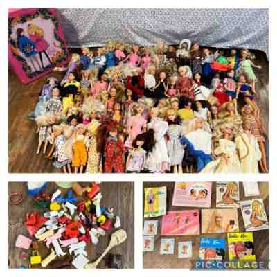 Lot of 60 Vintage 1960s -1980â??s Barbie Ken Skipper Dolls Mattel w/Clothes-Case
