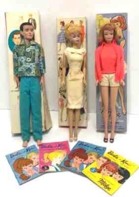 LOT OF THREE VINTAGE 1960S MATTEL BARBIE KEN & MIDGE DOLLS WITH BOXES NR #2379