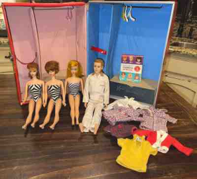 Vintage 1959-60s BARBIES & KEN, BUBBLE CUT, PONYTAIL, HAIR COLOR DOLLS W CASE