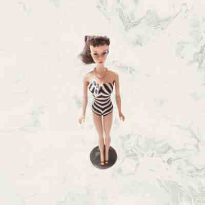 RARE Brunette Ponytail Barbie # 3 original doll & suit Blue Eye shadow with box