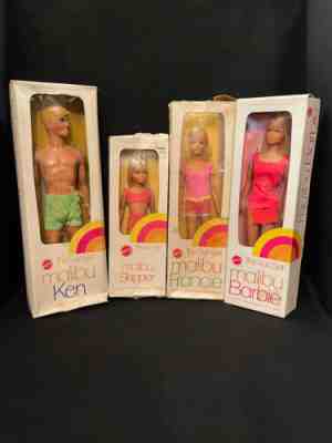 Rare 1975 Malibu Sun Set, White Box, 4 Dolls - Barbie, Ken, Francie and Skipper
