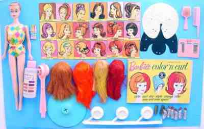 1966 1ST ISSUE COLOR MAGIC BARBIE & COLOR 'N CURL MAGIC SALON SET w WIGS & MORE!