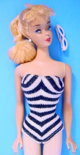 1960 BLONDE #3 HIGH COLOR PONYTAIL BARBIE #850 w PINK EYELINER in ORIGINAL SUIT!