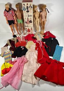 NICE LOT OF VINTAGE BARBIE & KEN DOLL CLOTHING + 4 DOLLS + ORIGINAL BOX TOP ONLY