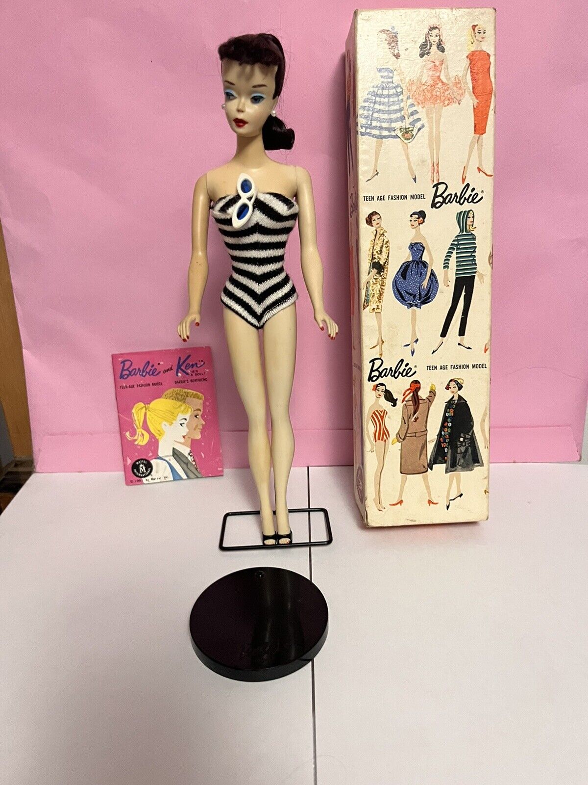 Stunning # 3 1960 Brunette Barbie  Rare Box & Stand S/S