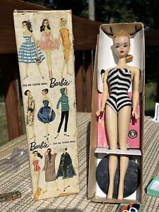 VTG Blonde Ponytail Barbie Doll #3 w/ TM Box~Original Stand & Accessories +Extra