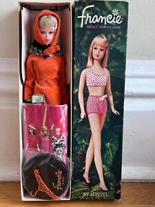Vintage 60s Japanese Francie Dressed Box Doll w Stand Box Booklet - Orange Cozy