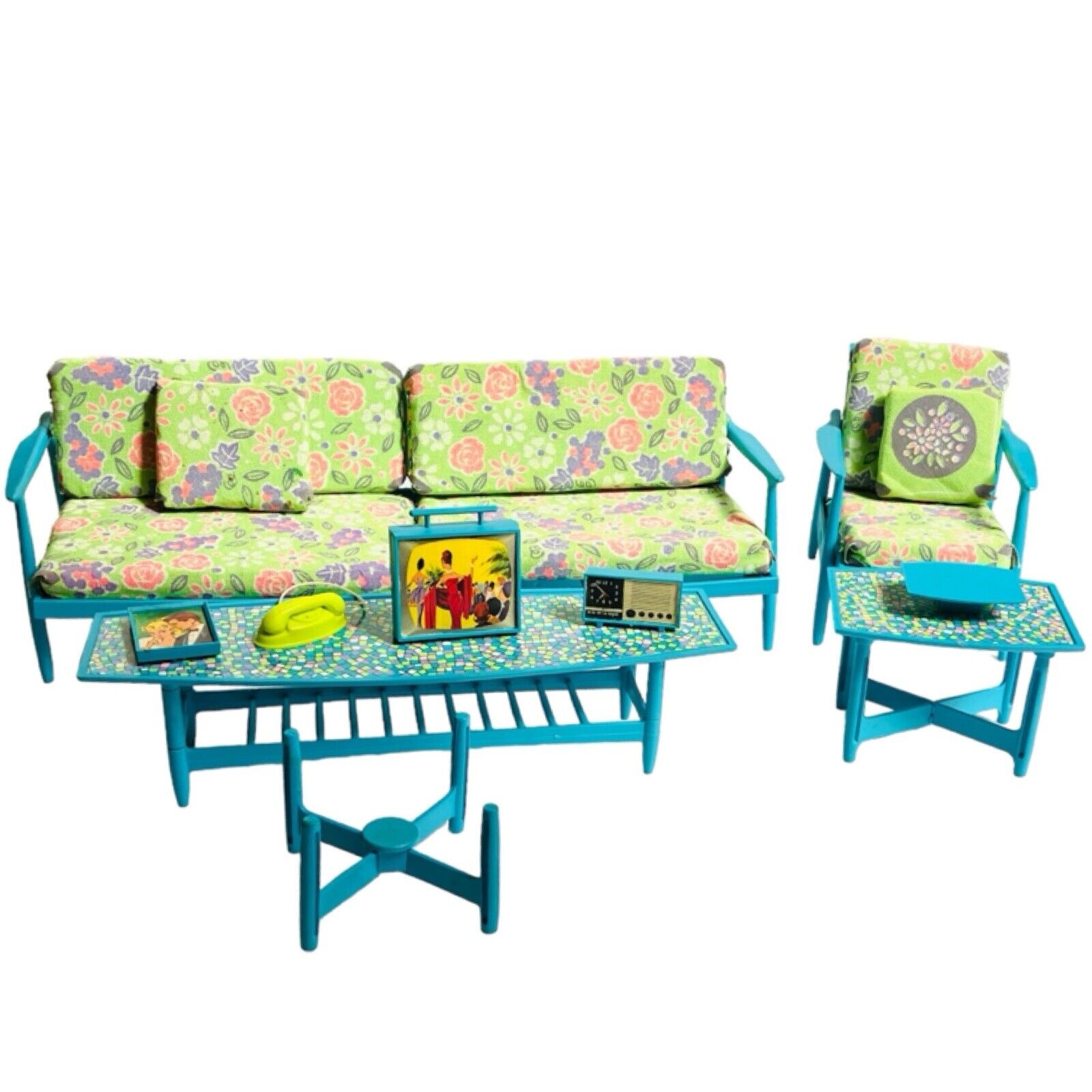 Vintage Barbie 1963 Go Together Outdoor Patio Furniture Set Blue Floral TV RARE