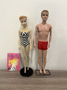 Rare Vintage #1  Ponytail Barbie w/ B&W swimsuit, stand & Ken (Original Owner)
