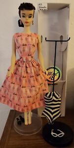 Vintage Barbie Brunette Ponytail #3 In Custom Pink Box Dress, Stand, OSS, MINTY!