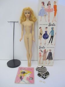 1960 Vintage #3 Blonde Ponytail Barbie, Brown Eyeliner, w/Box, Pedestal, ANGELIC