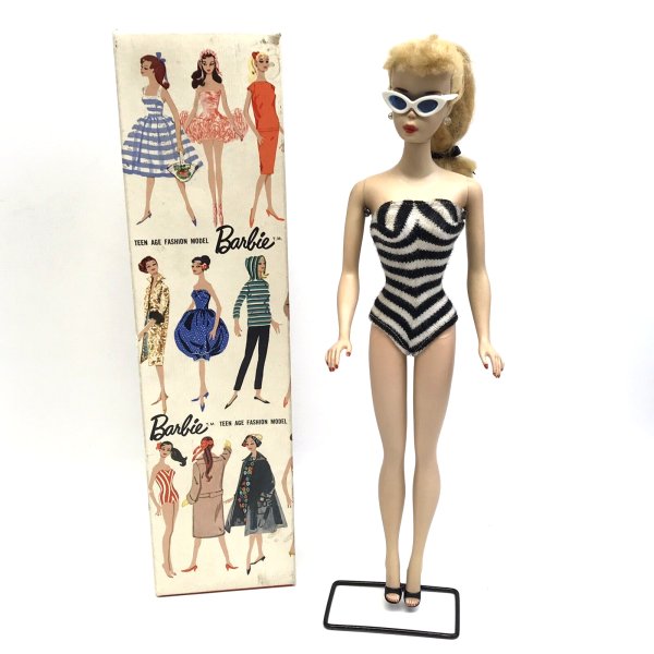 Vintage Mattel #3 Blonde Ponytail Barbie #850 w/ Box & Stand & Swimsuit 1958