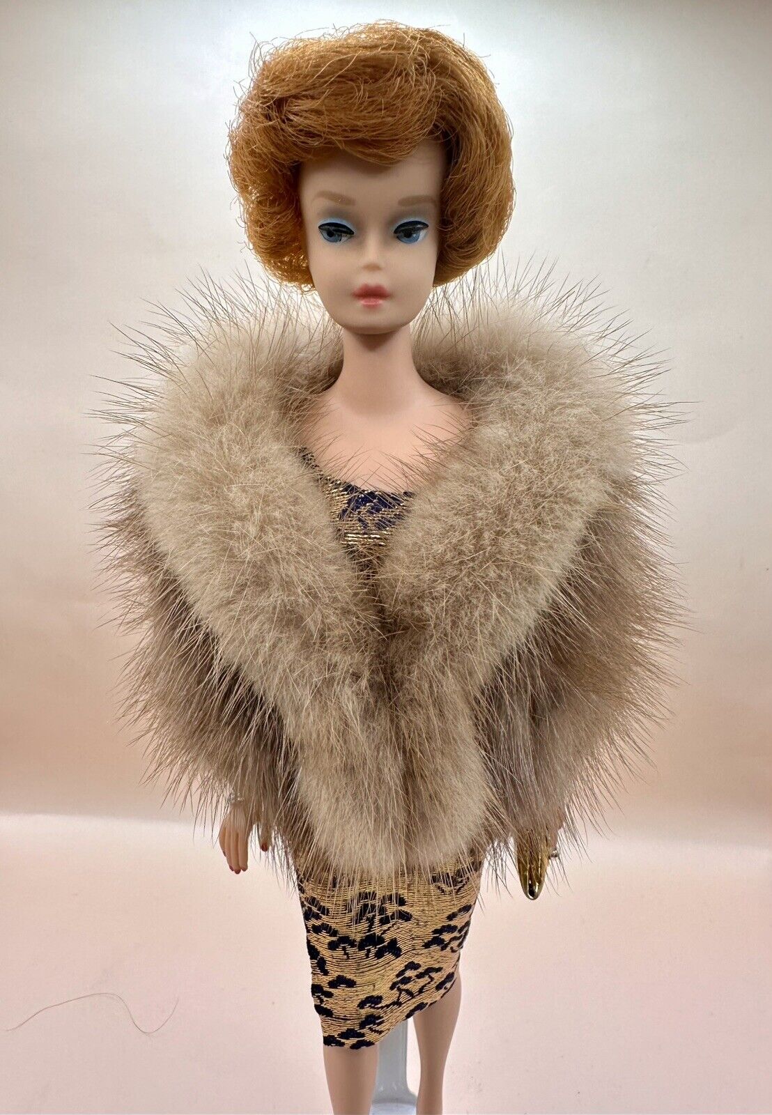 Vintage 1963 Titian Bubble Cut Barbie W/ Lame Sheath, Mink Jacket, Shoes Purse