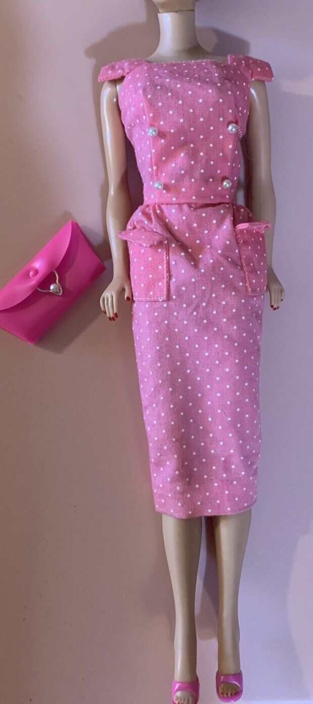 Vintage Barbie HOT PINK Polka Dot Sheath Dress PEARL HANDBAG NO DOLL