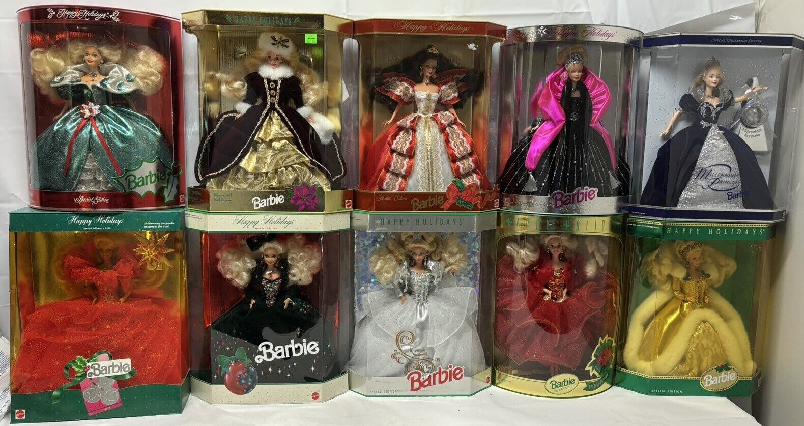 COMPLETE SET! (10) NRFB Vintage 1990s Happy Holidays Barbies Christmas 1990-1999