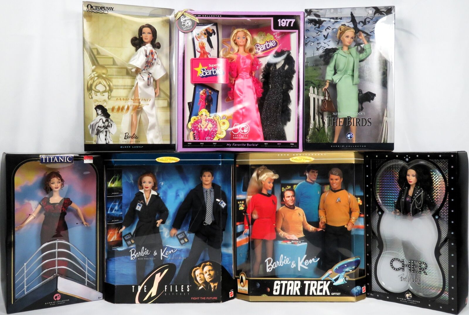 Lot of 7 Barbie Dolls Cher,The Birds Movie,007,Star Trek X Files Titanic Vtg NEW