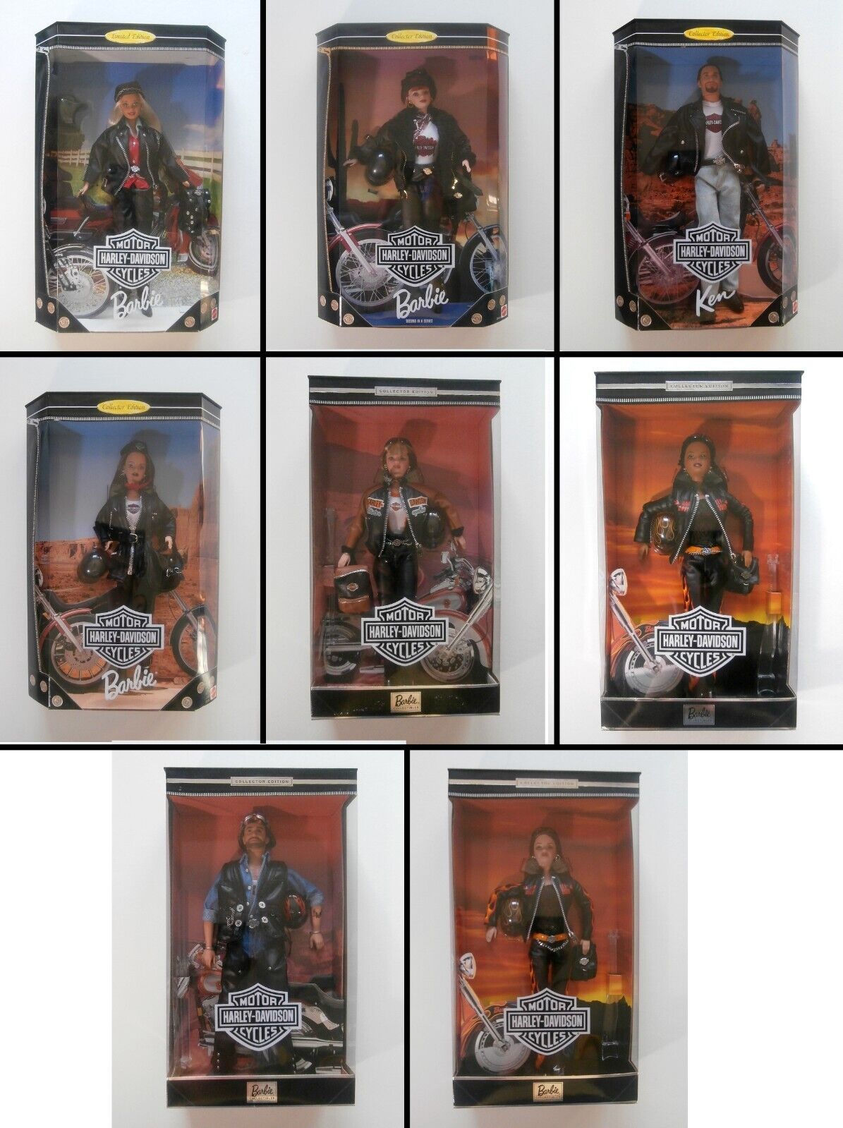 LOT OF 8 BARBIE + KEN HARLEY DAVIDSON DOLLS 1997 1998 1999 2000 MATTEL NIB