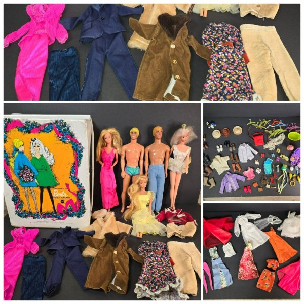 Vintage LOT 60s & 70S Barbie Ken Dolls & Clothes Lot w (Damaged) 1968 Doll Trunk
