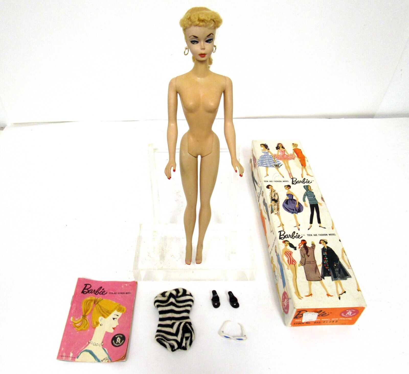#1 Blonde Ponytail Barbie 1959 Original One Owner w/Box Bathing Suit Sun Glasses