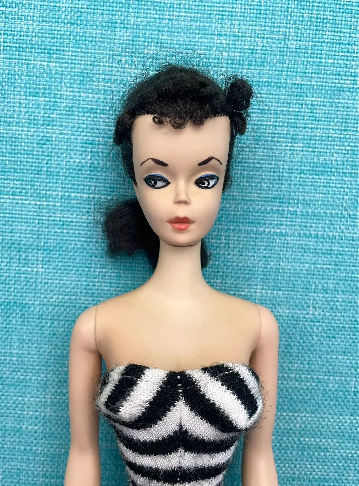 Vintage HTF #1 Original Brunette Barbie Doll Zebra Suit Holes in Feet 1959